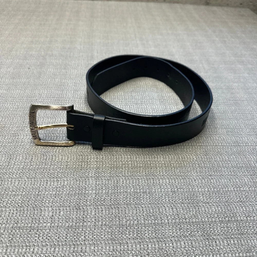 Harley Davidson Black Leather Belt Mens Size 30 Silver‎ Buckle Logo USA Made